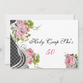 Grappige 50ste verjaardagsuitnodiging, roze rozen kaart