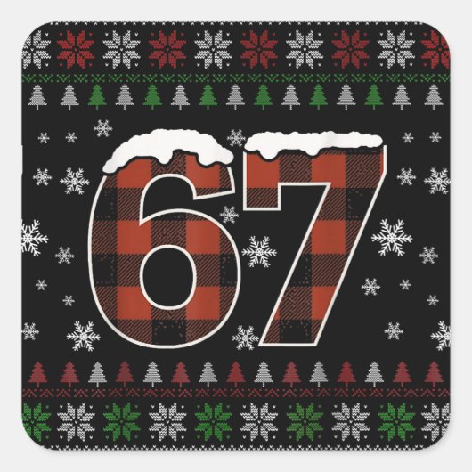 Grappige “67” Kerst Meme – Rood & Groen Karo Vierkante Sticker (Voorkant)