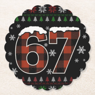 Grappige “67” Kerstmeme – Rood & Groen Geruit Kartonnen Onderzetters