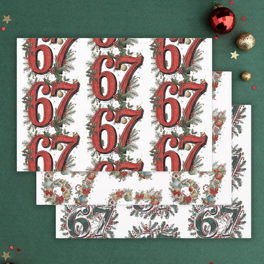 Grappige 6 7 Brainrot Meme Kerstset van 3 Inpakpapier Vel