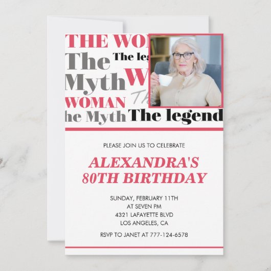 Grappige 80e verjaardag uitnodiging Foto Myth Lege (Voorkant)