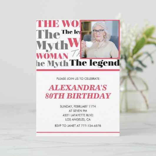 Grappige 80e verjaardag uitnodiging Foto Myth Lege (Staand voorkant)