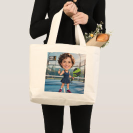 Grappige aangepaste hoofd blauwe baan karikatuur P Grote Tote Bag