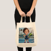 Grappige aangepaste hoofd blauwe baan karikatuur P Tote Bag (Voorkant (product))