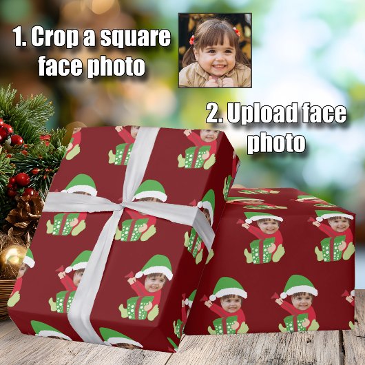 Grappige aangepaste kinderfoto-elf kerst rood cadeaupapier
