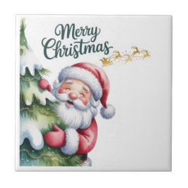 Grappige Aardige Kerstman met Boom en Typografie Tegeltje