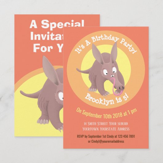 Grappige aardvark cartoon gepersonaliseerde uitnod kaart (Voorkant / Achterkant)