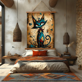 Grappige Abstracte Kat Karakter Kunst Hangend Wandkleed