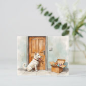 Grappige adreswijziging van witte hond briefkaart (Staand voorkant)