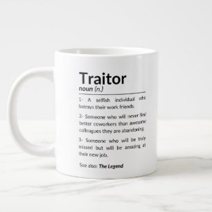 Grappige afscheidsmedewerker, collega die baan ver grote koffiekop