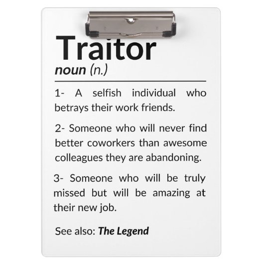 Grappige afscheidsmedewerker, collega die baan ver klembord (Voorkant)