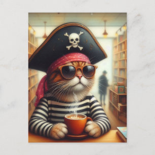 Grappige AI Art Pirate Cat met koffie in de boekha Briefkaart