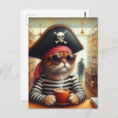 Grappige AI Art Pirate Cat met koffie in de boekha Briefkaart (Voorkant / Achterkant)