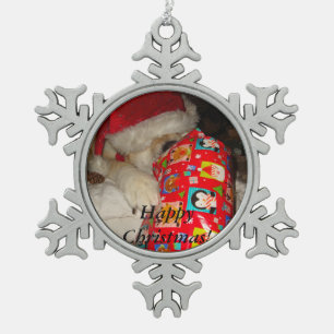 grappige akita in red santa hat met kerstcadeau tin sneeuwvlok ornament