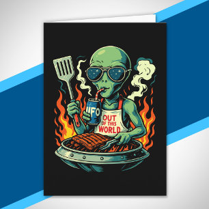 Grappige Alien BBQ Illustratie Retro Science-Ficti Kaart