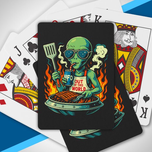 Grappige Alien BBQ Illustratie Retro Science-Ficti Pokerkaarten