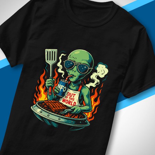 Grappige Alien BBQ Illustratie Retro Science-Ficti T-shirt