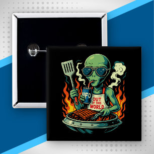 Grappige Alien BBQ Illustratie Retro Science-Ficti Vierkante Button 5,1 Cm