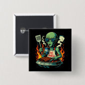 Grappige Alien BBQ Illustratie Retro Science-Ficti Vierkante Button 5,1 Cm (Voorkant /achterkant)