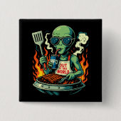 Grappige Alien BBQ Illustratie Retro Science-Ficti Vierkante Button 5,1 Cm (Voorkant)