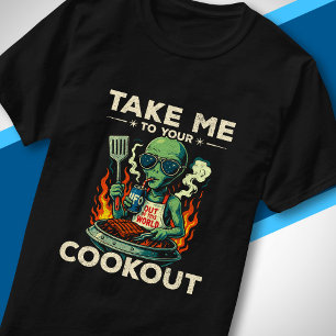 Grappige Alien BBQ Picknick Retro UFO Ruimte Grill T-shirt