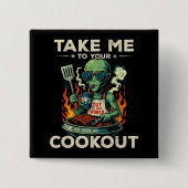 Grappige Alien BBQ Picknick Retro UFO Ruimte Grill Vierkante Button 5,1 Cm (Voorkant)