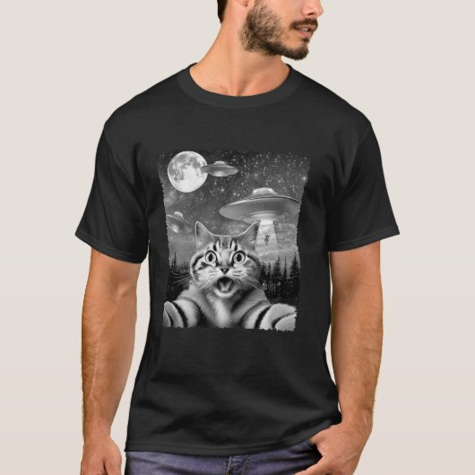 Grappige Alien Cat Selfie met UFO's Gift Idee Mann T-shirt (Voorkant)