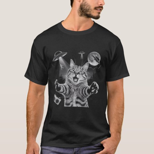 Grappige Alien Cat Selfie met UFO's Sci-Fi Comic C T-shirt (Voorkant)