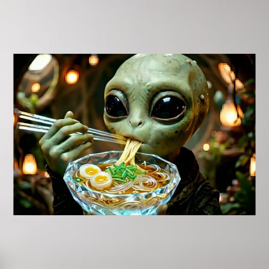 Grappige Alien die Ramen Noedels eet Poster (Voorkant)