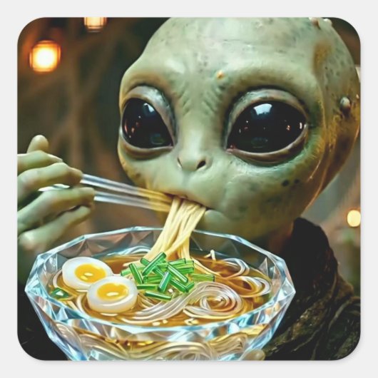 Grappige Alien die Ramen Noedels eet Vierkante Sticker (Voorkant)