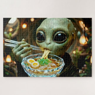 Grappige Alien die Ramen Noedels met Monogram eet Legpuzzel