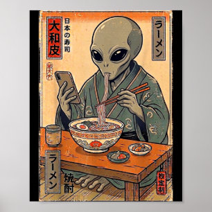 Grappige alien die ramen retro Japanse mannen vrou Poster
