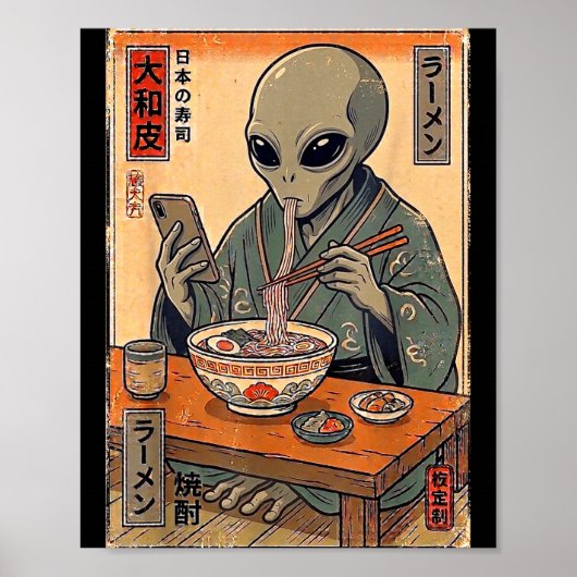 Grappige alien die ramen retro Japanse mannen vrou Poster (Voorkant)