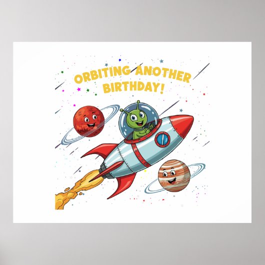 Grappige Alien "Een Verjaardag Omcirkelend" Ruimte Poster (Voorkant)