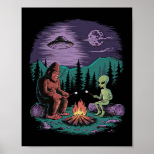 Grappige Alien En Bigfoot Wandelende Maan Sasquatc Poster