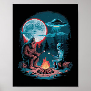 Grappige Alien En Bigfoot Wandelende Maan Sasquatc Poster