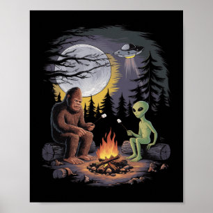 Grappige Alien En Bigfoot Wandelende Maan Sasquatc Poster