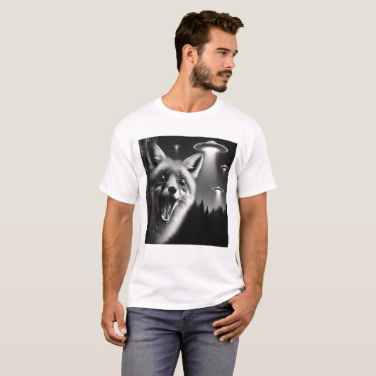 Grappige Alien Fox UFO Racoon Selfie met UFO's T-shirt (Voorkant volledig)