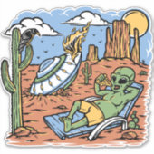 Grappige Alien Gecrasht In De Woestijn Chillin Piz Sticker (Voorkant)