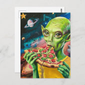 Grappige alien in de ruimte eten pizza briefkaart (Voorkant / Achterkant)