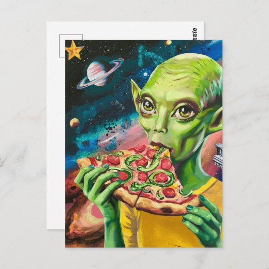 Grappige alien in de ruimte eten pizza briefkaart (Voorkant / Achterkant)