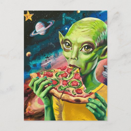 Grappige alien in de ruimte eten pizza briefkaart (Voorkant)