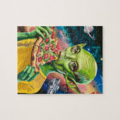 Grappige alien in de ruimte eten pizza legpuzzel (Horizontaal)