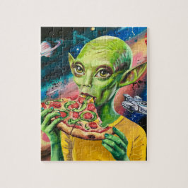 Grappige alien in de ruimte eten pizza legpuzzel