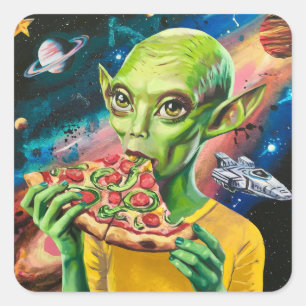 Grappige alien in de ruimte eten pizza vierkante sticker