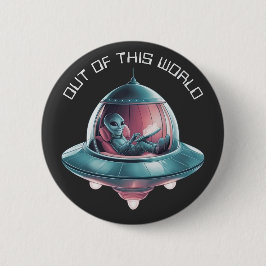 Grappige alien in UFO Ronde Button 5,7 Cm