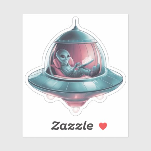 Grappige alien in UFO Sticker (Vel)