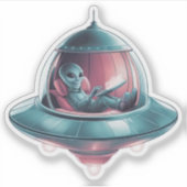 Grappige alien in UFO Sticker (Voorkant)