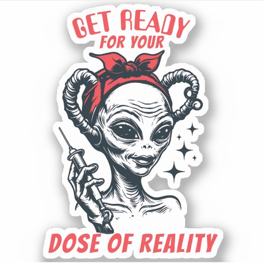 Grappige alien injectienaald dosis realiteit sticker (Voorkant)