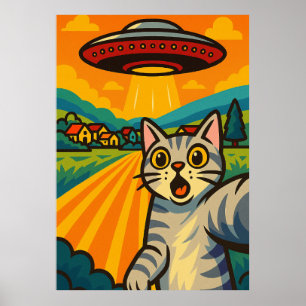 Grappige Alien Kat UFO Ontvoering Kat Retro Pop Ar Poster